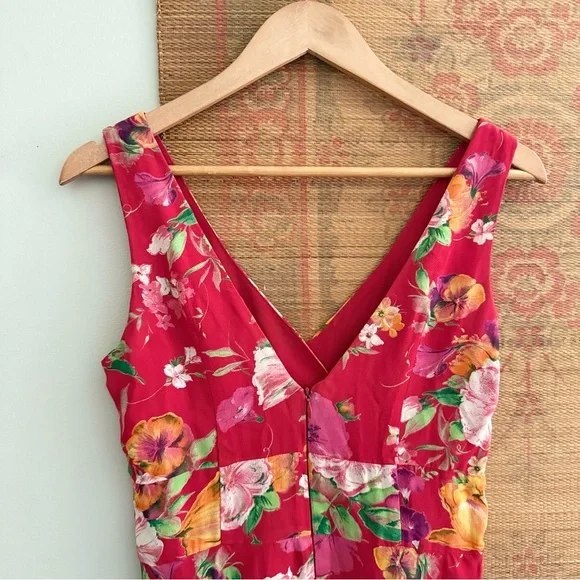 Vintage 90s Chiffon Fit and Flare Vneck Floral Red Sleeveless Dress - Picture 4 of 6